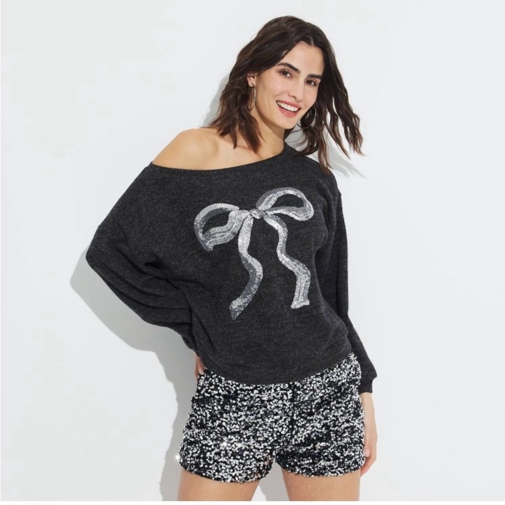 Women's Wild Fable Chic Sequin Bow Sweater NWT in Silver & Dark Gray- Size XS